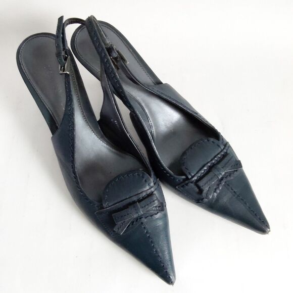Vintage Y2K 90s Karen Scott Navy Blue Leather Slingback Pointy Toe Kitten Heel 9 - Picture 8 of 10